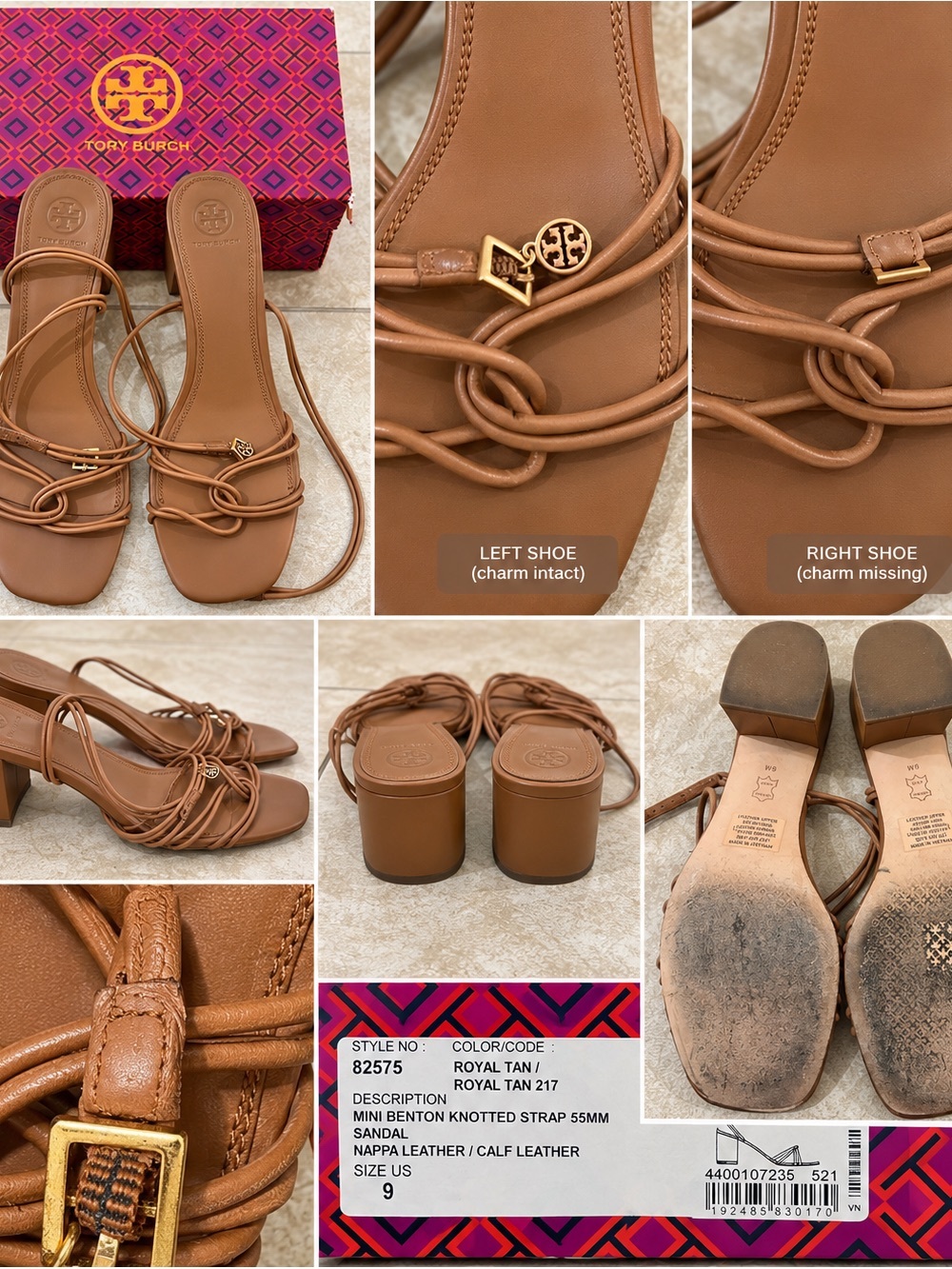 Tory Burch Royal Tan Knotted Strap Mini Benton Sandal with Gold Logo Charm